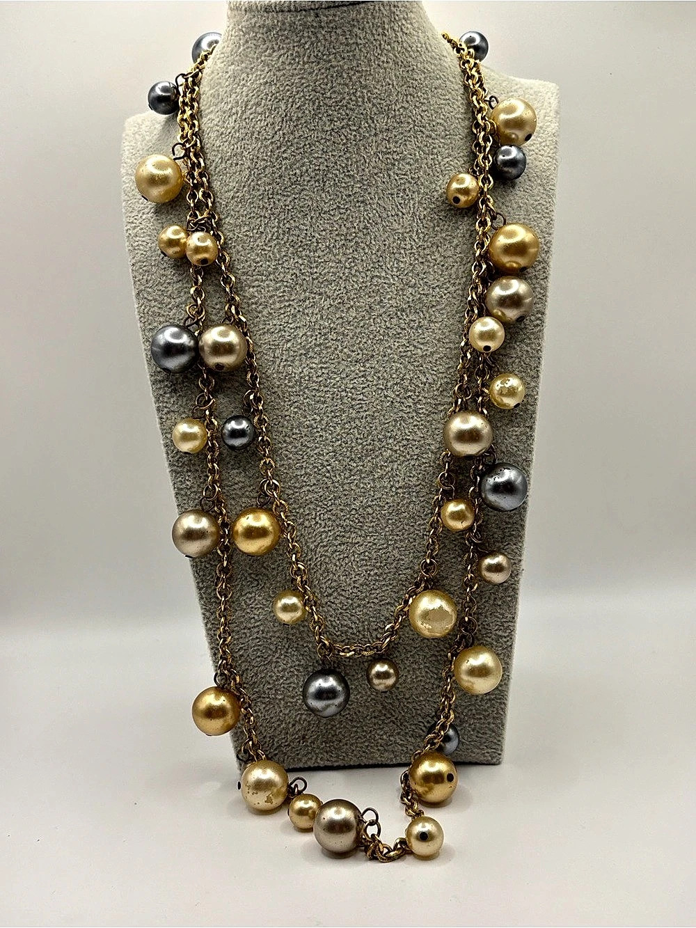 Vintage Kenneth Lane Multi-Strand Beaded Necklace Gold & Gray 44”